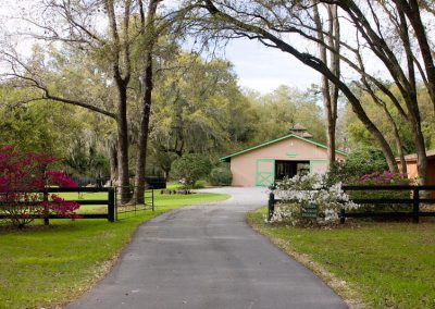 Driveway through an open gate into the horse stables.
