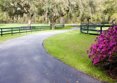 Paved path through two fenced fields at Country Road Farm in Ocala, Florida.